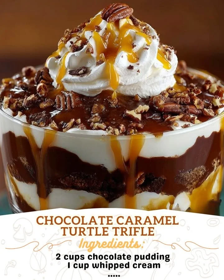 Delicious Chocolate Caramel Turtle Trifle with layers of chocolate and caramel