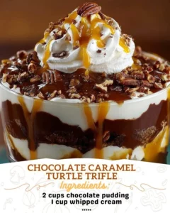 Chocolate Caramel Turtle Trifle dessert with layers of chocolate and caramel