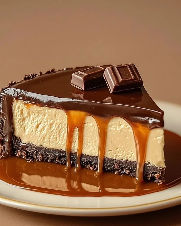 Chocolate Caramel Twix Cheesecake with chocolate drizzle and caramel topping