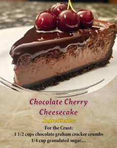Delicious Chocolate Cherry Cheesecake with cherry topping and chocolate drizzle