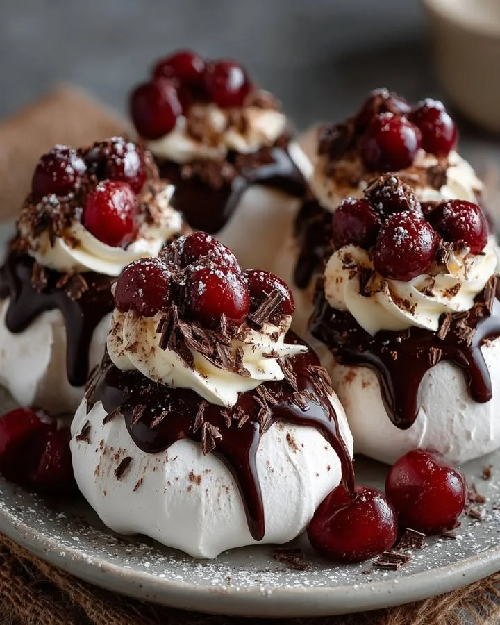 Delicious Chocolate Cherry Pavlova Bombs with cherry and chocolate filling