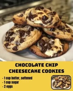 Chocolate chip cheesecake cookies on a wooden platter