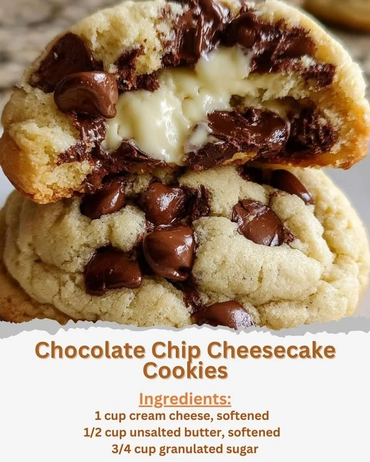 Plate of delicious Chocolate Chip Cheesecake Cookies with gooey chocolate chips