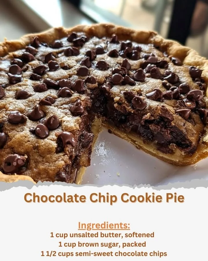 A delicious slice of Chocolate Chip Cookie Pie with gooey chocolate chips.