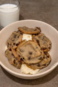 Freshly baked chocolate chip cookies stacked on a plate