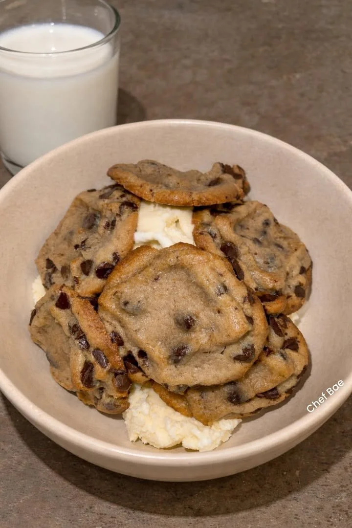 Freshly baked chocolate chip cookies stacked on a plate