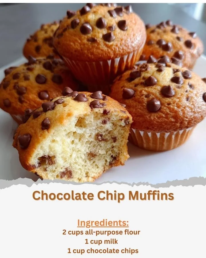 Freshly baked chocolate chip muffins with gooey chocolate chunks on top