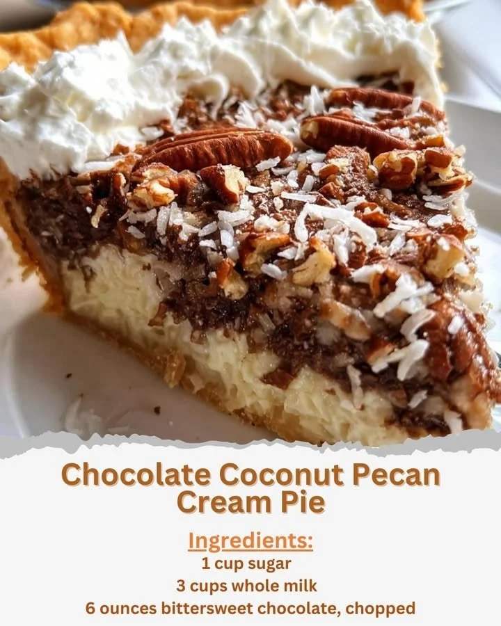 Slice of decadent Chocolate Coconut Pecan Cream Pie with chocolate and coconut toppings