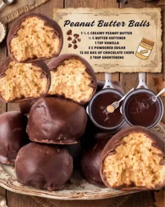 Delicious chocolate covered peanut butter balls on a decorative plate