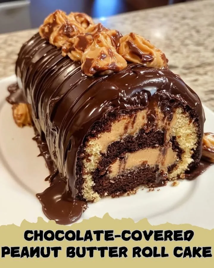 Chocolate-covered peanut butter roll cake with a rich and creamy filling.