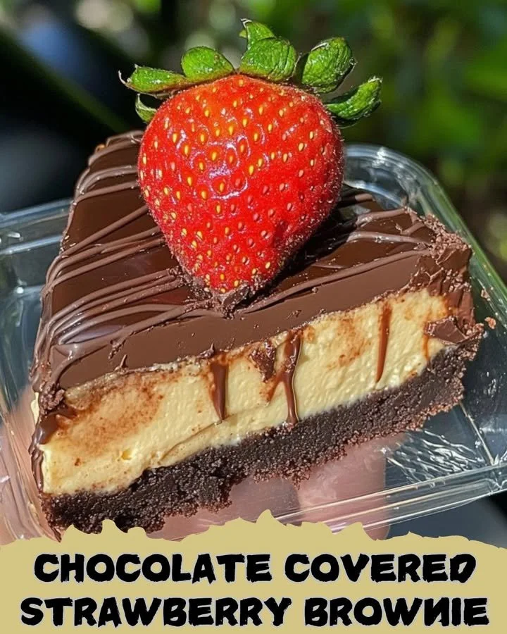 Chocolate Covered Strawberry Brownie Cheesecake topped with fresh strawberries