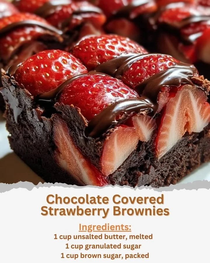 Delicious chocolate covered strawberry brownies topped with fresh strawberries