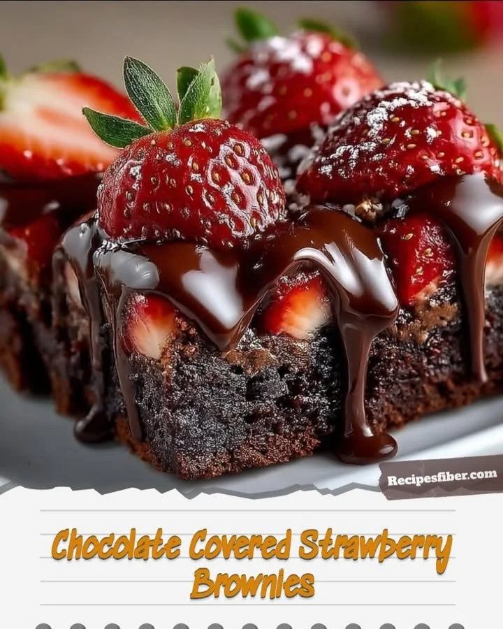 Decadent chocolate covered strawberry brownies topped with fresh strawberries