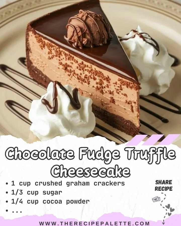 Decadent chocolate fudge truffle cheesecake topped with creamy chocolate truffles