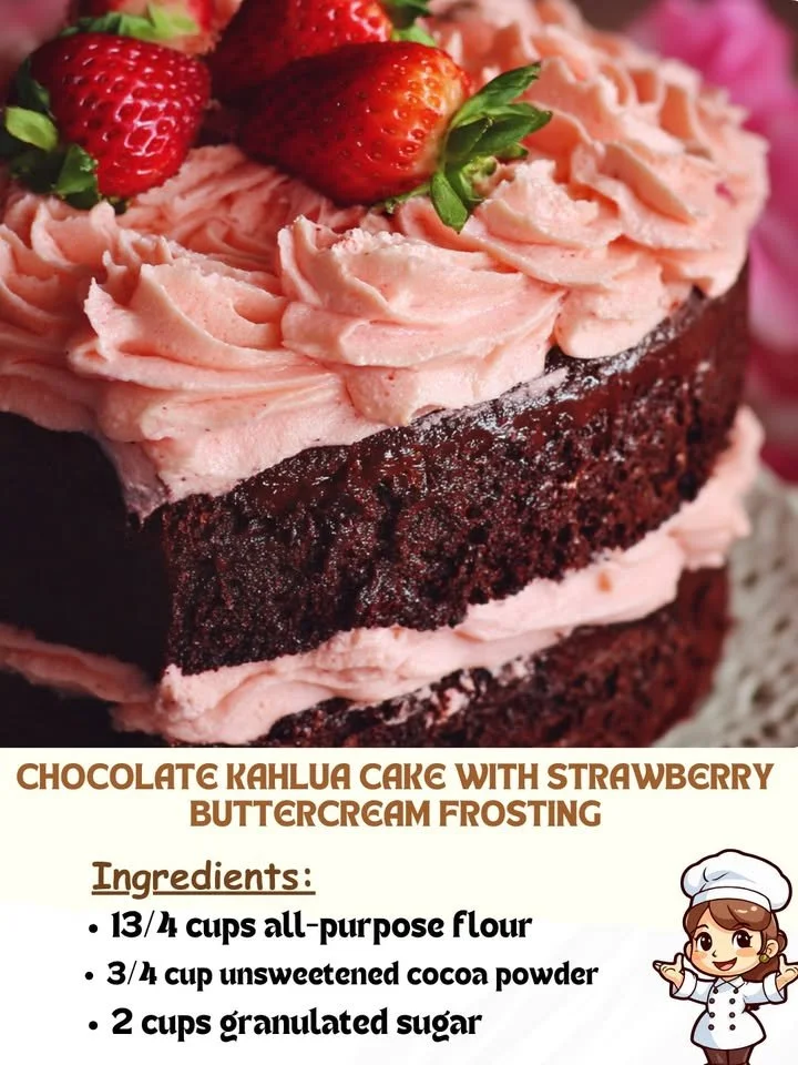 Chocolate Kahlua Cake with Strawberry Buttercream Frosting on a plate