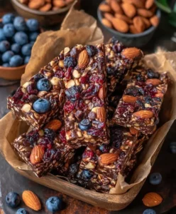 Homemade chocolate oatmeal energy bars on a wooden table