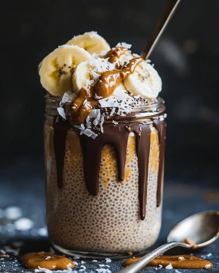 Chocolate peanut butter chia pudding in a glass with cocoa and peanuts on top.