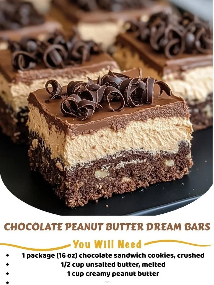 Delicious Chocolate Peanut Butter Dream Bars with a rich chocolate and peanut butter layer.