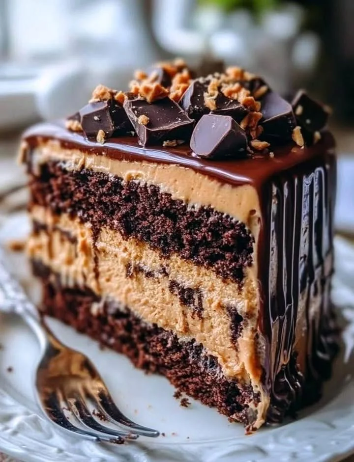 Delicious Chocolate Peanut Butter Layer Cake with creamy frosting and layers