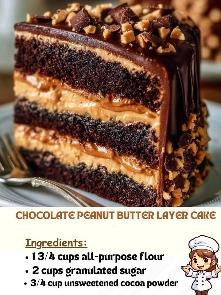 Delicious Chocolate Peanut Butter Layer Cake with rich frosting and layers.