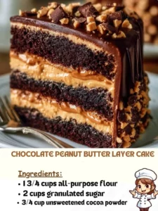 Delicious Chocolate Peanut Butter Layer Cake with rich frosting and chocolate decor