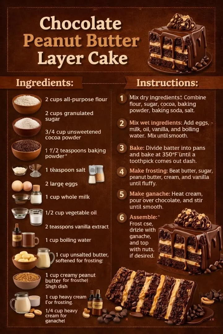 Chocolate Peanut Butter Layer Cake with chocolate ganache on a decorative plate