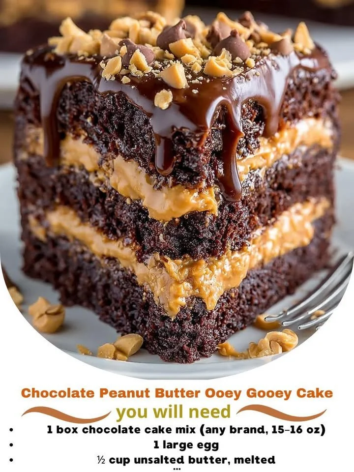 Delicious Chocolate Peanut Butter Ooey Gooey Cake topped with chocolate ganache and peanuts