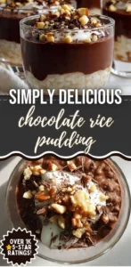 Delicious chocolate rice pudding served in a bowl with a sprinkle of cocoa.
