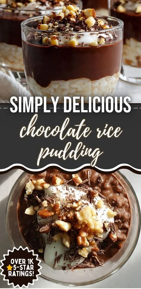 Delicious chocolate rice pudding served in a bowl with a sprinkle of cocoa.