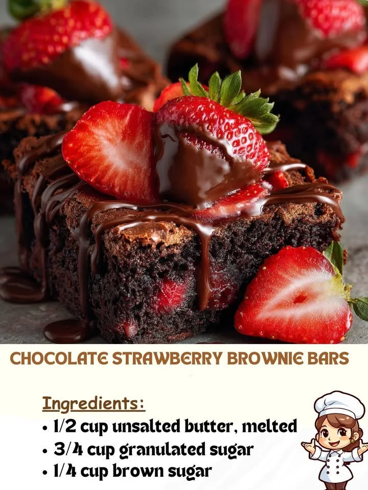 Delicious chocolate strawberry brownie bars with fresh strawberries and melted chocolate.