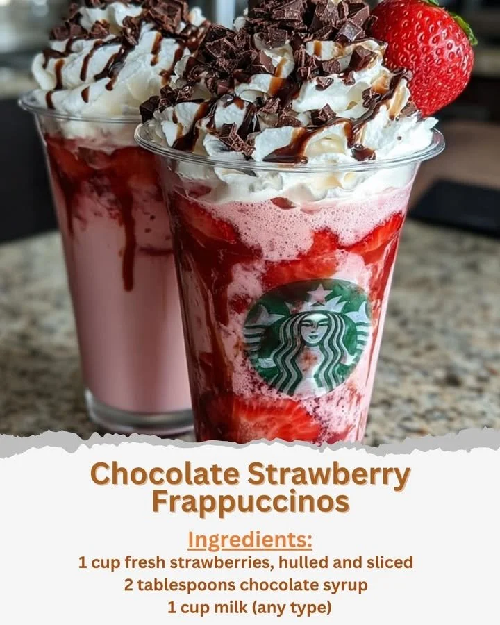 Chocolate Strawberry Frappuccino topped with whipped cream and fresh strawberries
