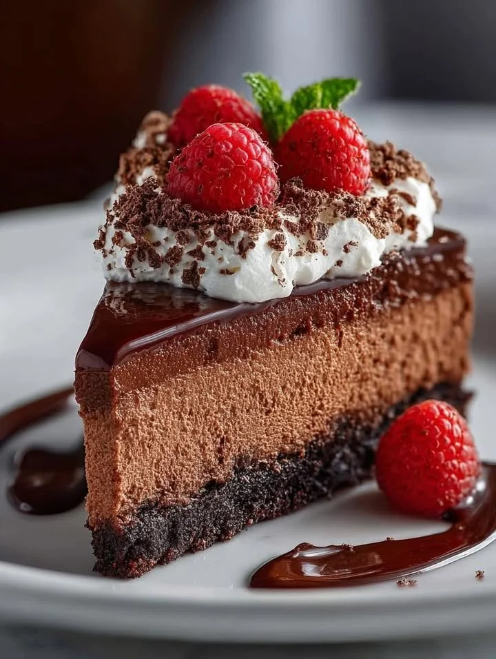 Decadent Chocolate Valentine’s Day Cheesecake topped with fresh berries and chocolate shavings