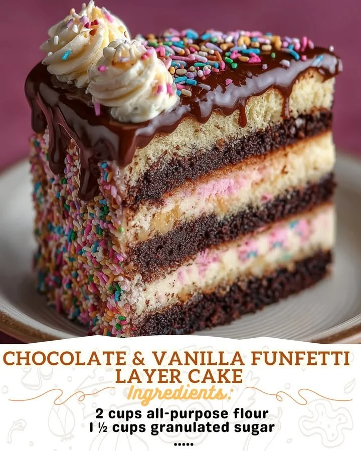 Chocolate and Vanilla Funfetti Layer Cake with colorful sprinkles
