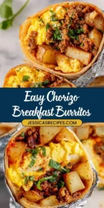 Delicious chorizo breakfast burrito filled with eggs and fresh ingredients