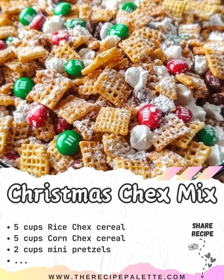 Bowl of Christmas Chex Mix with festive decorations