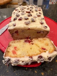 Christmas Cranberry Pound Cake served on a festive table.