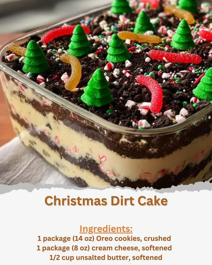 Delicious Christmas Dirt Cake decorated with festive toppings and served in a holiday setting.
