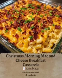 Christmas Morning Mac and Cheese Breakfast Casserole served on a festive table
