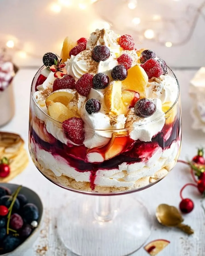 Festive Christmas Pavlova Trifle with layers of meringue, cream, and fruit