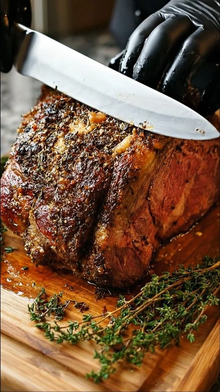 Delicious Christmas Prime Rib served on a festive table setting.