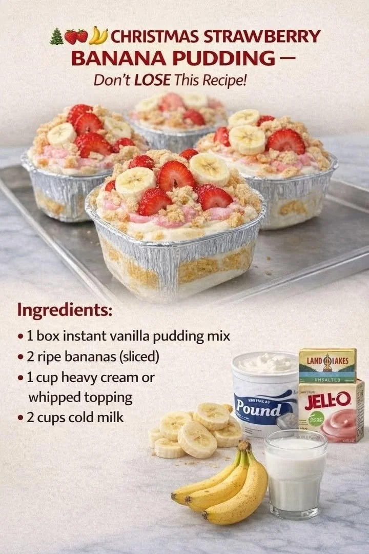 Christmas Strawberry Banana Pudding dessert with layers of fruit and cream