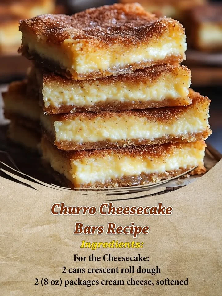 Delicious Churro Cheesecake Bars topped with cinnamon sugar and drizzled with caramel