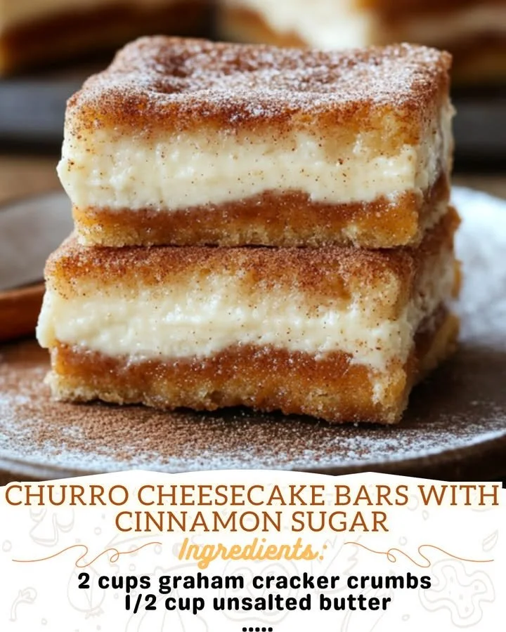 Churro cheesecake bars sprinkled with cinnamon sugar on a dessert plate