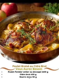 Delicious plate of cider braised chicken with fresh herbs and apple slices