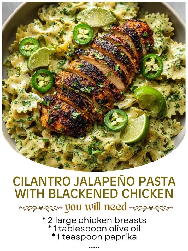 Cilantro Jalapeño Pasta with blackened chicken garnished with fresh herbs