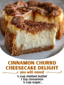 Delicious Cinnamon Churro Cheesecake topped with cinnamon sugar and caramel