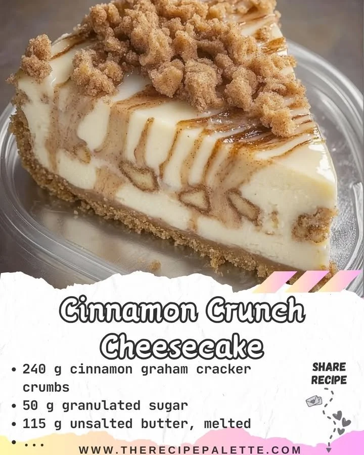 Slice of Cinnamon Crunch Cheesecake with a cinnamon topping
