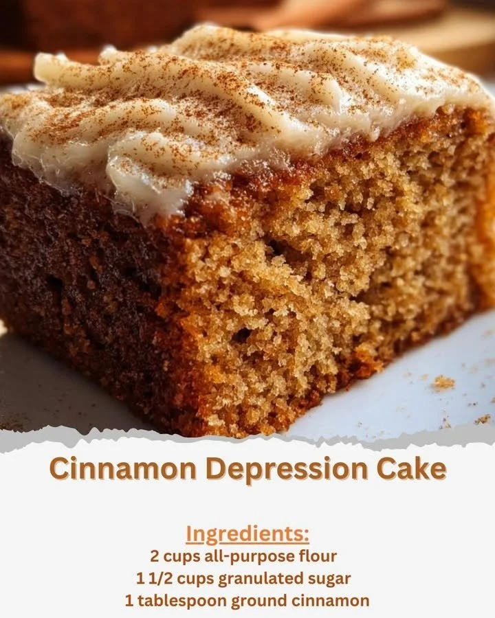 Slice of delicious Cinnamon Depression Cake on a plate with cinnamon sprinkles