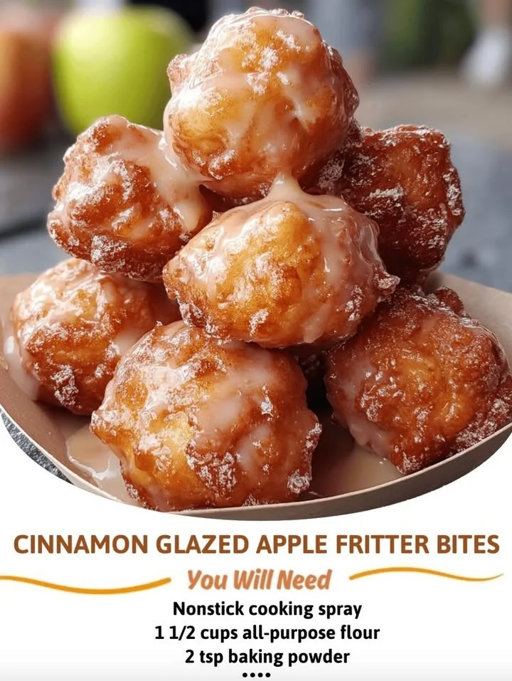 Cinnamon glazed apple fritter bites on a rustic plate