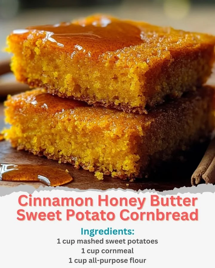 Delicious Cinnamon Honey Butter Sweet Potato Cornbread in a rustic setting